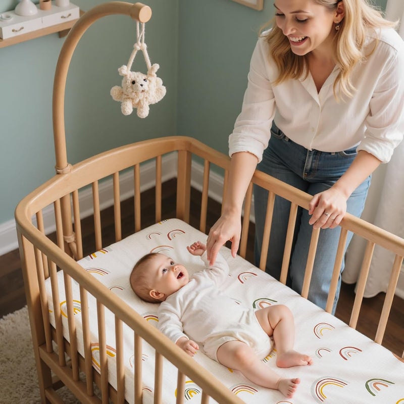 BeBeJoJo Baby Bassinet Sheets TPU Waterproof 2 Pack Soft Muslin Bedside Bassinet Mattress Sheets with Bottom Elastic Band for Baby Boy Girls Unisex Fit Hourglass Oval and Rectangle, White Rainbow - Image 2